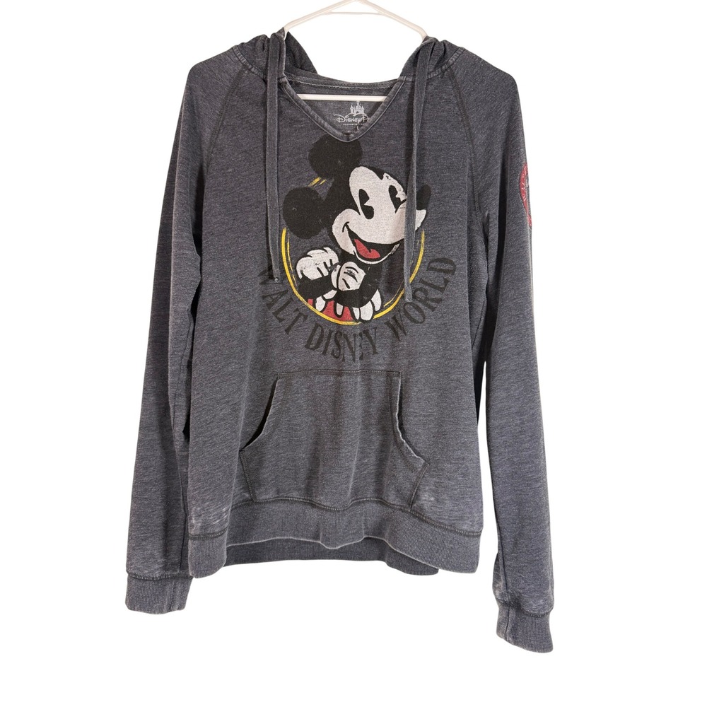 Disney Parks Mickey Mouse Walt Disney World Y2K Gray V-Neck Hoodie Large